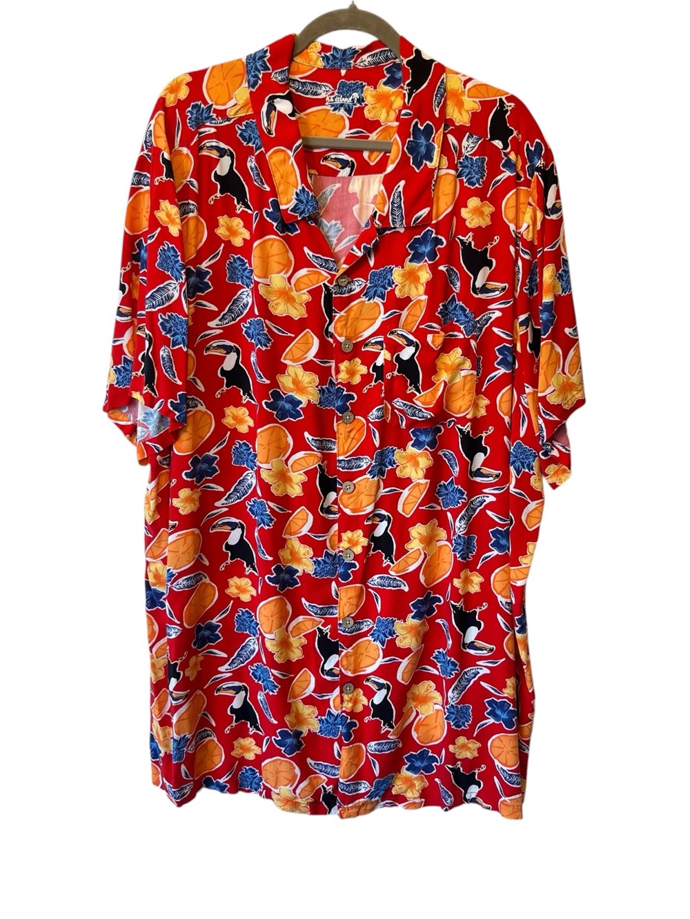 KS Island button up Hawaiian shirt 3XL Red floral tropical Toucan Oranges Mens